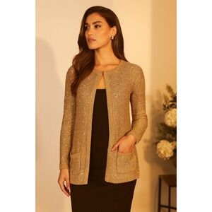 NWT Mango Suit Gold Sequin Cardigan Sweater XS Open Front Metallic Holiday Party